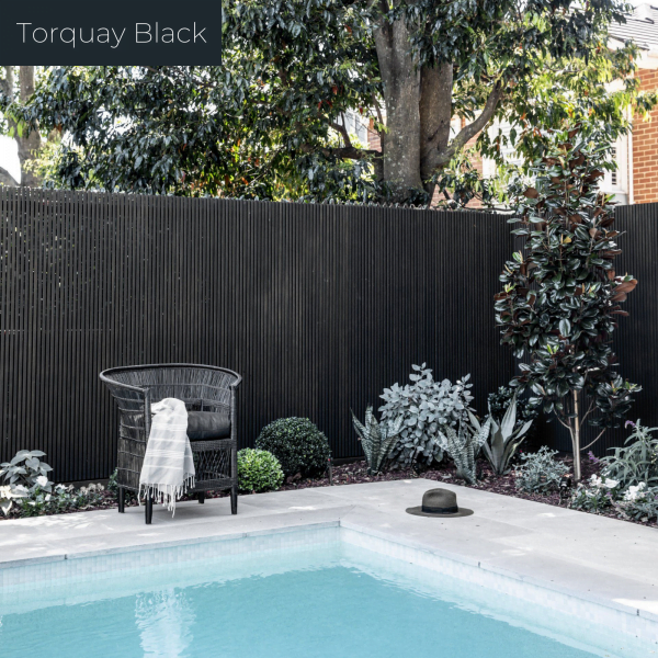Pool Surrounded By A Compliant Black Slatted Fence