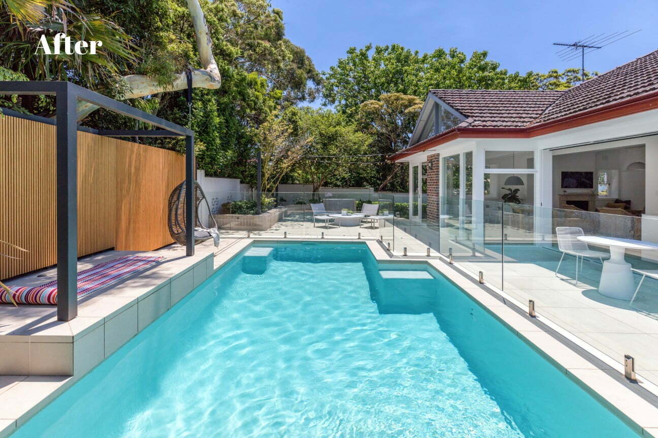 Renovated pool area with slatted pool compliant fence