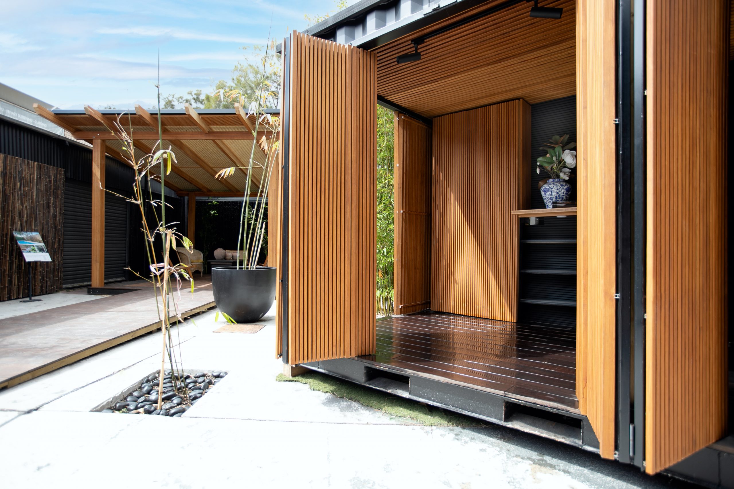 Container Clad in Contemporary Laminated Bamboo Cladding