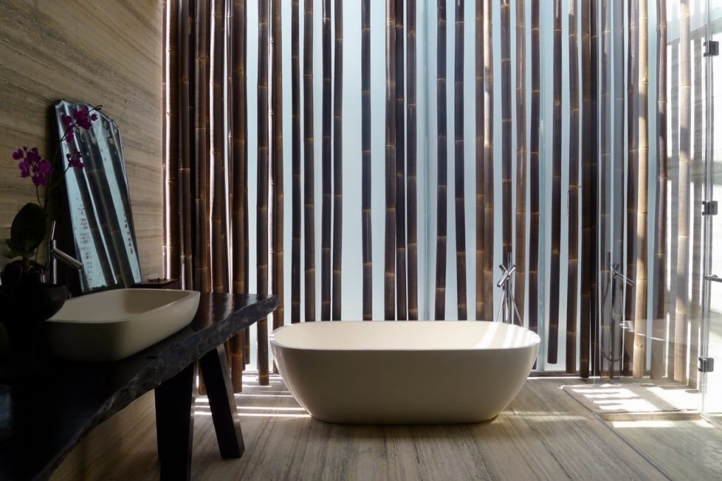 Contemporary Bathroom Featuring Architectural Bamboo Poles Architecture | Interior Design | Bamboo Rods and Poles | Bathroom Design | Bathroom windows | biophilic design | biophilia for mental health